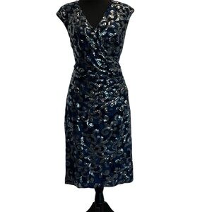 Ralph Lauren navy blue silver sequin cocktail dress V-neck cap sleeve Bodycon